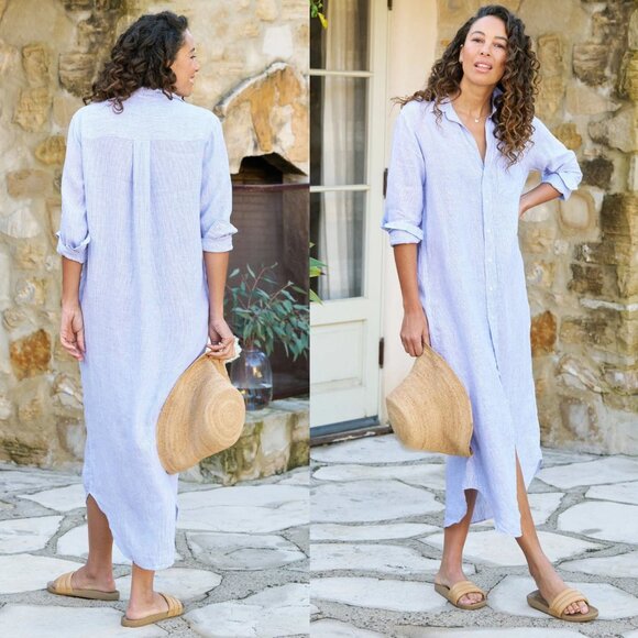 Frank & Eileen Rory Blue Stripe Lived in Linen Maxi Shirt Dress Size L - Picture 1 of 10